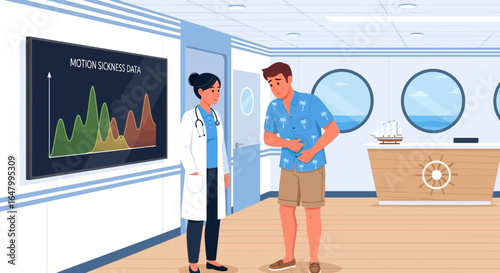 Doctor explaining motion sickness data to patient on cruise ship, ensuring health and wellness