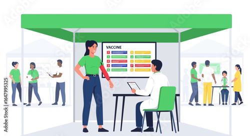 Vaccination drive illustration showing a doctor administering a vaccine at a booth