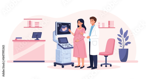 Expectant mother undergoing ultrasound examination with doctor support medical clinic