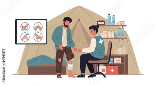 Illustrative scene of a wounded man getting medical attention inside a relief camp