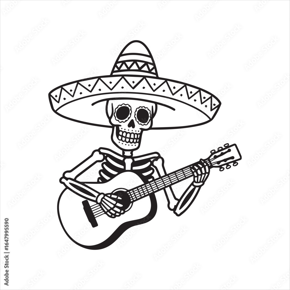 Fototapeta premium Skeleton playing guitar in sombrero for day of the dead celebration