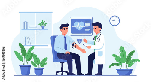 Consultation in doctor office, doctor measuring blood pressure of patient