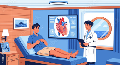 Concerned patient consulting doctor about heart condition in themed medical office