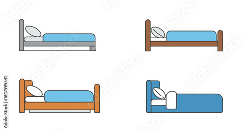 Four Bed Icons with Different Colors and Styles for Interior Design