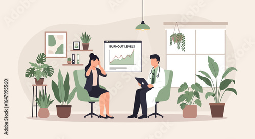 Burnout Consultation: Doctor Assisting a Stressed Professional in a Serene Office