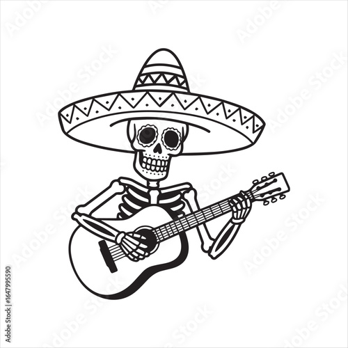 Skeleton playing guitar in sombrero for day of the dead celebration