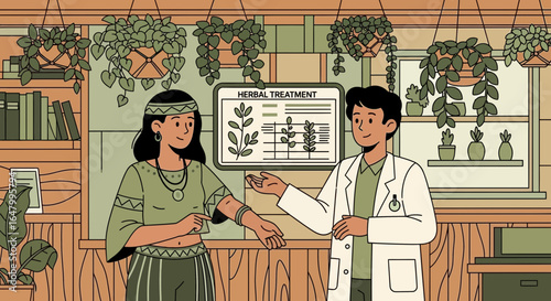Herbal medicine consultation between a doctor and a patient in a green environment