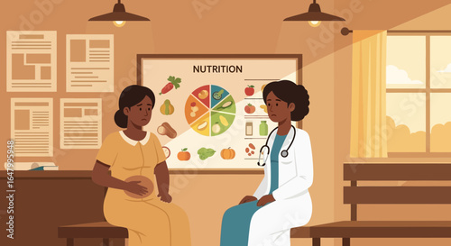 Vector illustration depicting a doctor consulting a pregnant patient about nutrition