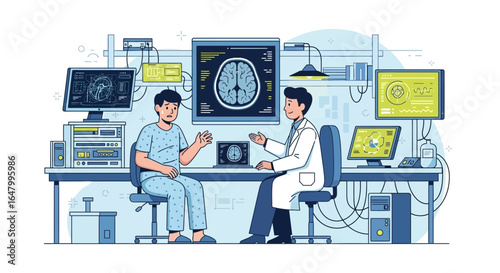 Neurologist explaining the brain scan results to a concerned patient in clinic
