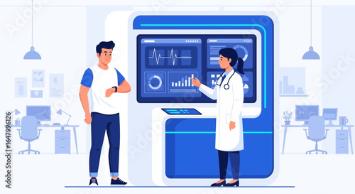 Modern Healthcare: Doctor Explaining Health Data to Patient Using High-Tech Display