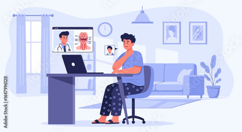 Illustration of Telemedicine Consultation with Doctor for Sore Throat Patient