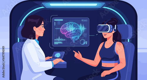 Virtual reality therapy session with a doctor analyzing brain activity on a screen
