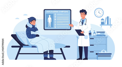 Hypothermia examination cartoon, illustration of consultation with a doctor
