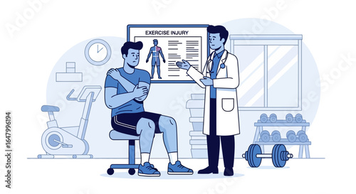 Man with shoulder pain consulting doctor about workout related injury diagnosis