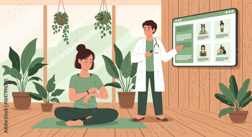 Virtual healthcare appointment for wellness and mindfulness guidance in a green space