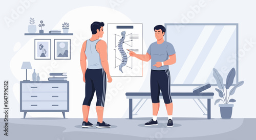 Expert chiropractor explaining spine structure to patient in clinic setting