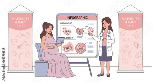 Educational presentation at maternity expo with pregnant woman and doctor discussing infographic