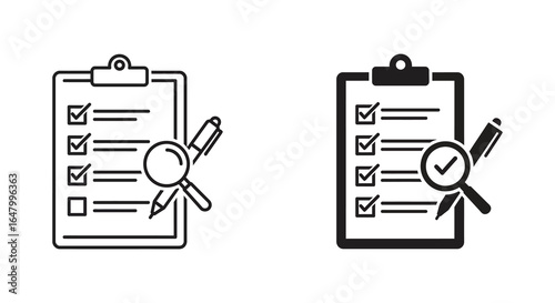 Checklist with Magnifying Glass and Pens Icon Set