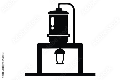 Black silhouette of a laboratory distiller apparatus setup on a squared base structure