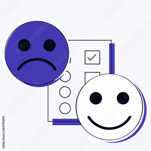 Mixed feedback; sad and happy faces beside a survey.
