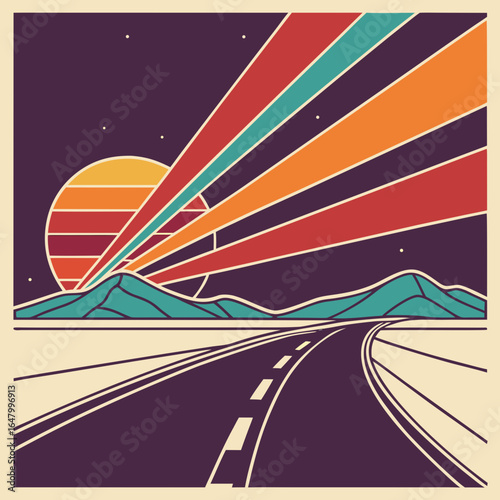 Road trip through a vibrant sunset landscape.

