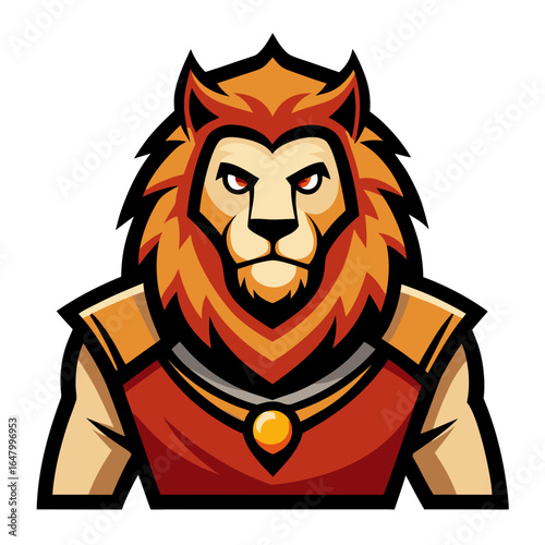 Powerful lion in warrior armor, symbol of strength and leadership.
