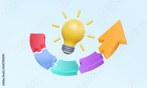 Arrow jigsaw puzzle with Yellow light bulb New idea join business Brainstorming teamwork partnership connection technology design Development innovation processes presentation. 3d vector illustration