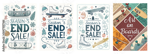 Colorful seasonal sale posters featuring skateboards, ice skates, and decorative elements.