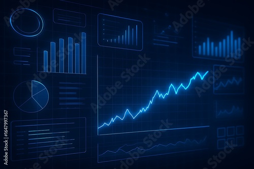 Futuristic glowing blue digital dashboard with interactive charts graphs and analytics showing upward growth trend for business financial and technology data visualization concepts