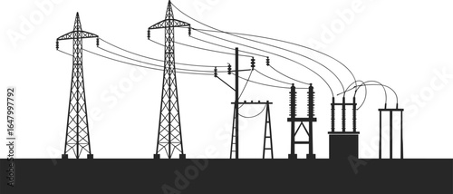 High voltage power lines and electrical substation vector illustration for energy distribution, electricity transmission, and industrial power infrastructure design