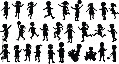 Silhouettes of kids playing, running, walking, jumping, cycling, group of children, isolated on white background