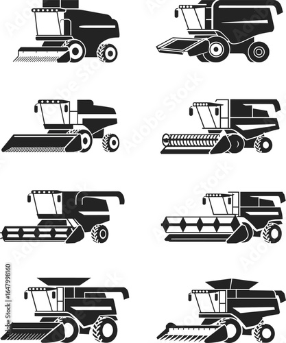 Set of modern combine harvester vector icons, agricultural machinery silhouettes for grain, wheat, rice, and corn harvesting, perfect for farming and agriculture design projects