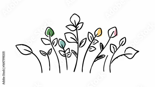 Illustration of sprouting plants with leaves and colorful accents on white