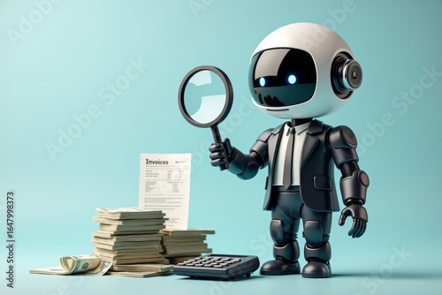 Futuristic AI Robot Businessman Examining Financials with Magnifying Glass