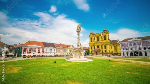 Union square in timisoara, romania, with historical buildings and a monument