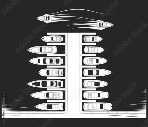 Top view marina with docked motorboats and yachts, nautical pier layout illustration for boating, sailing, and marine navigation design projects