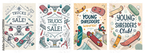 Colorful skateboarding posters promoting sales and clubs for young enthusiasts featuring various skate elements.