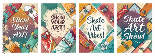 Colorful skate art posters with vibrant designs celebrating creativity and skateboard culture.