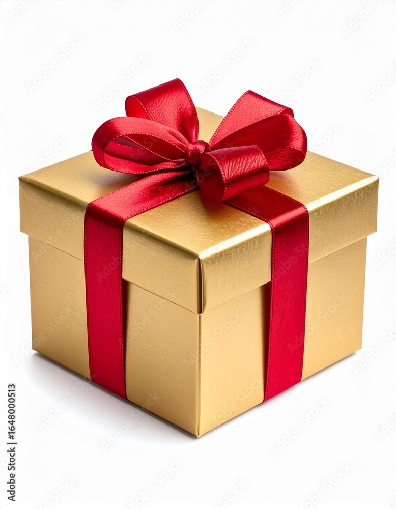 Fototapeta premium A Golden Gift Box Tied With A Red Ribbon On A White Background In Studio Lighting