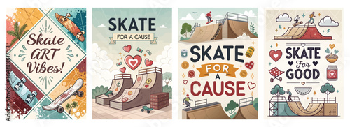 Colorful skateboard-themed designs promoting creativity and community engagement in youth sports.
