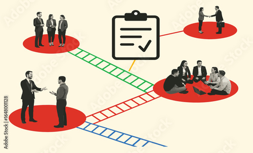 Collaborative Workflow Illustration – Groups of People on Red Platforms Connected by Colorful Ladders with Central Clipboard and Checkmark Symbolizing Planning, Teamwork, and Task Completion