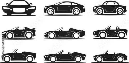 Vector Silhouette Illustrations of Modern Convertible Sports Cars and Coupes in Black and White, Featuring Various Angles and Designs