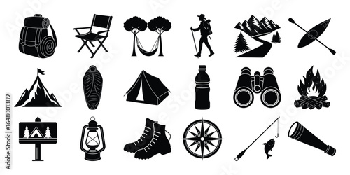 Vector illustration set of camping and outdoor adventure icons including tents backpacks campfires hiking mountains rivers wildlife maps and outdoor gear for exploration travel nature and adventure.