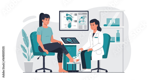 Foot examination in a medical clinic featuring a female doctor and patient