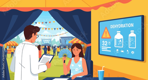 Medical care for dehydration at a hot summer festival, doctor consultation
