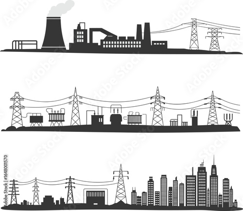 Vector Illustration of Power Plant, Electrical Substation, and City Skyline Connected by High Voltage Transmission Lines for Energy and Infrastructure Design Projects
