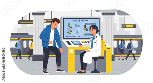 Man consults doctor about ankle injury at medical kiosk in subway station