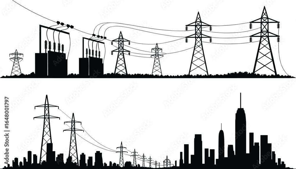 Obraz premium Vector Silhouette of Power Plant, Electrical Substation, and City Skyline with High Voltage Transmission Towers for Energy, Industry, and Infrastructure Design Projects