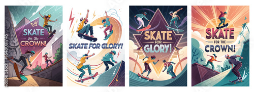 Dynamic illustrations of diverse skaters competing for glory in vibrant urban settings.
