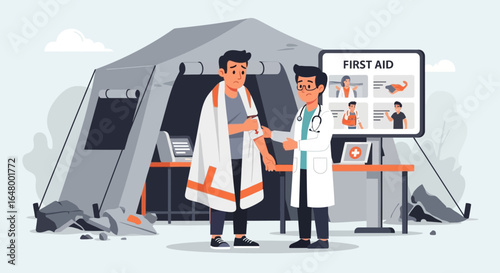 Doctor administrating first aid injection near tent at refugee medical camp